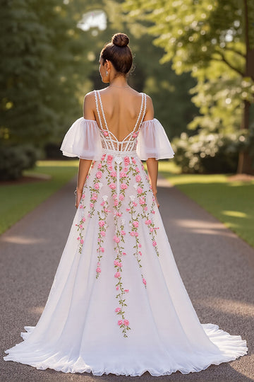 Floral A Line White Long Wedding Dress with Appliques